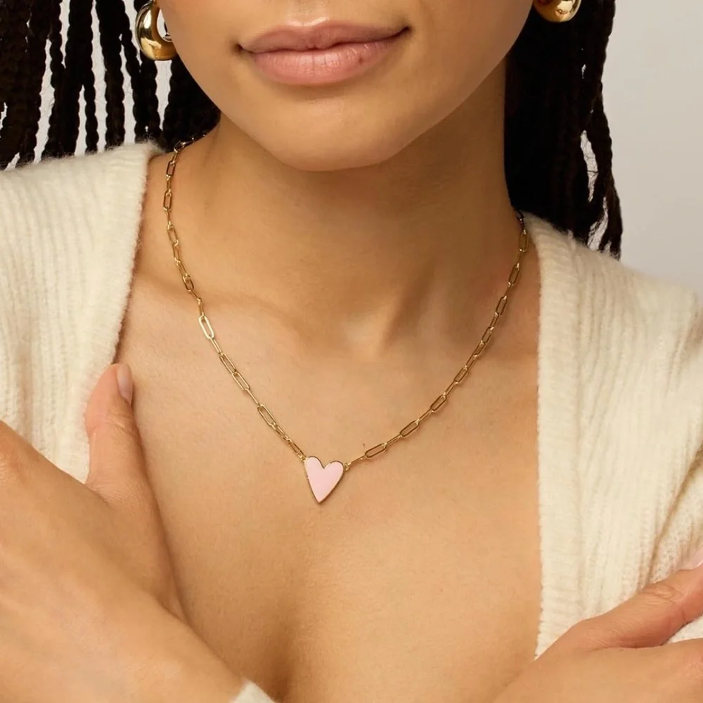 14K Gold Plated Enamel pink Heart paperclip chain necklace 🤍🩷🩵 - Picture 2 of 4